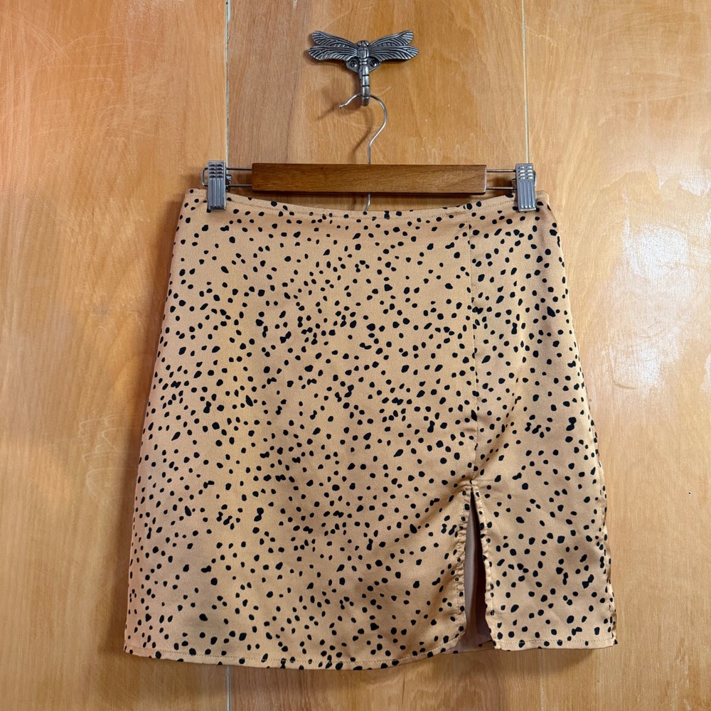 Storia Dalmatian Animal Print Mini Skirt Tan Black Side Slit Size Large
